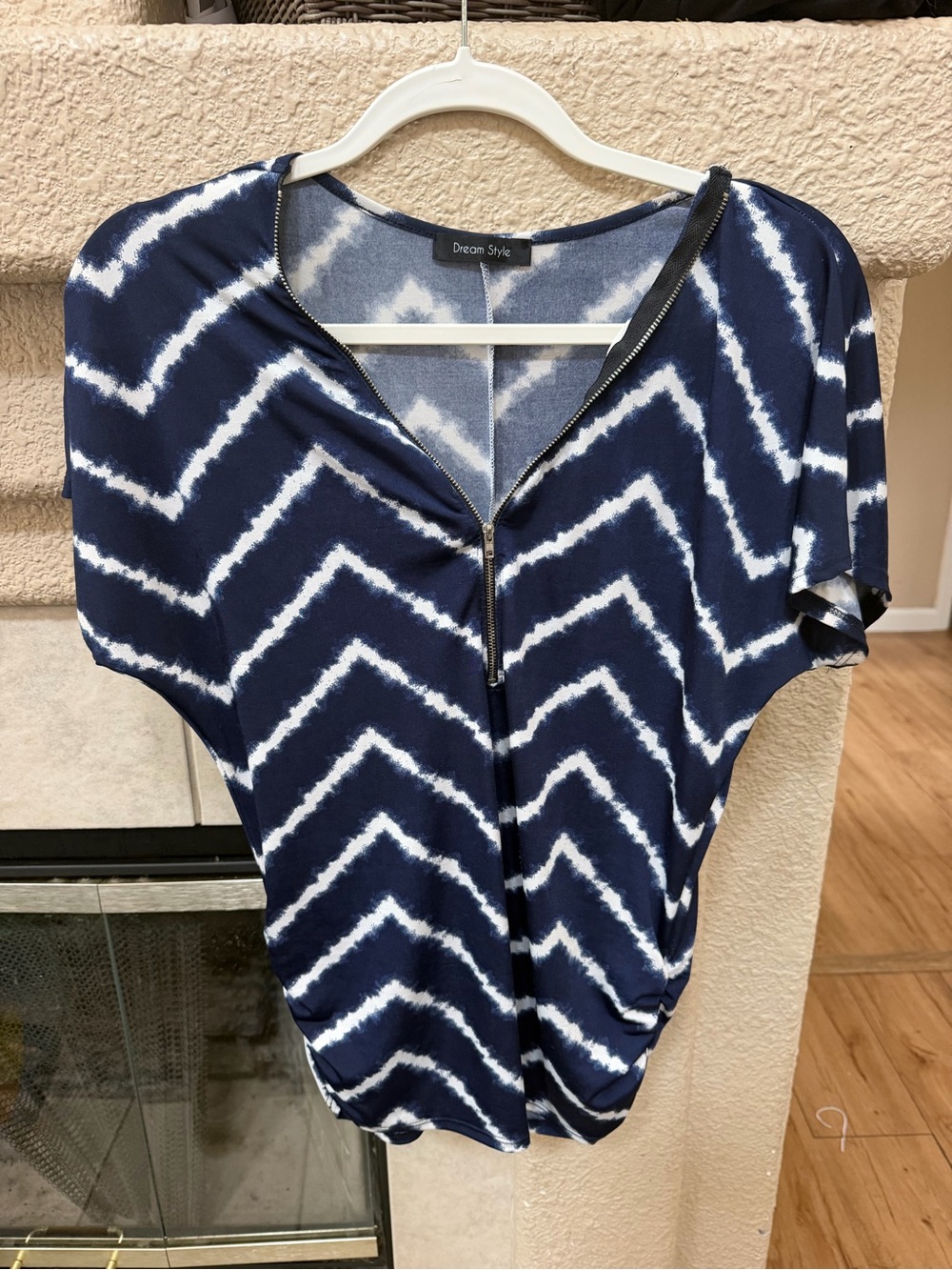 Navy and White Zigzag Zip-Front Women's Top